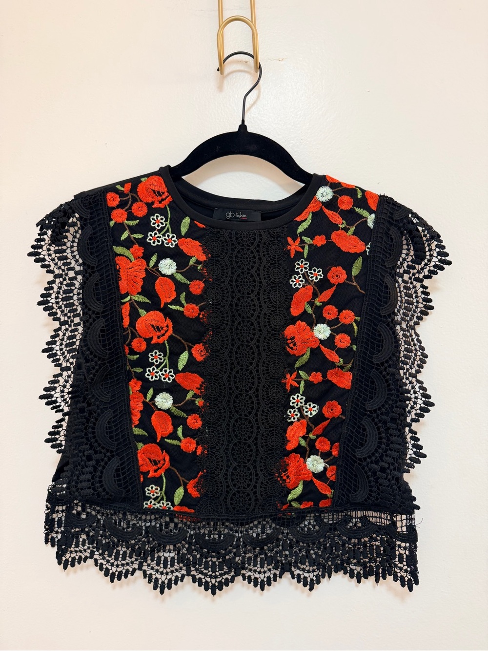 Francesca's Collections Black Lace Crop Top with Red and Green Floral Embroidery